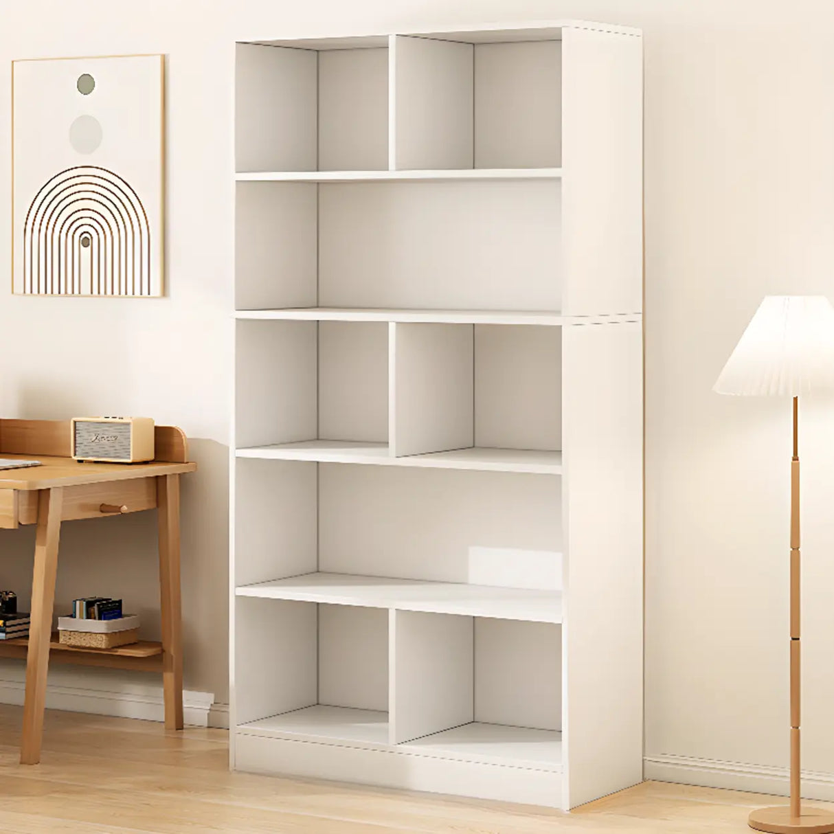 White Modish Vertical Wood Rectangular Storage Bookcase Image - 16
