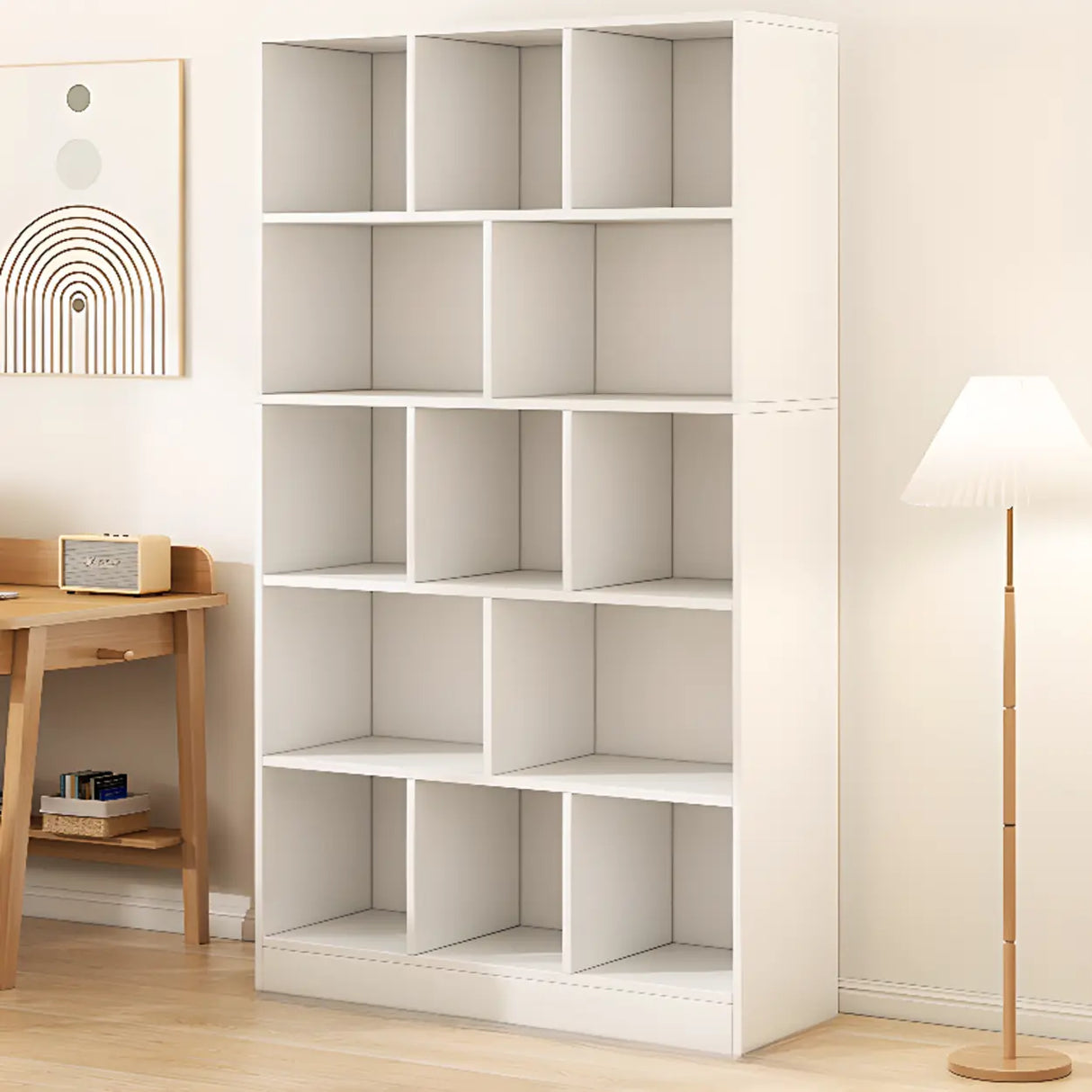 White Modish Vertical Wood Rectangular Storage Bookcase Image - 17
