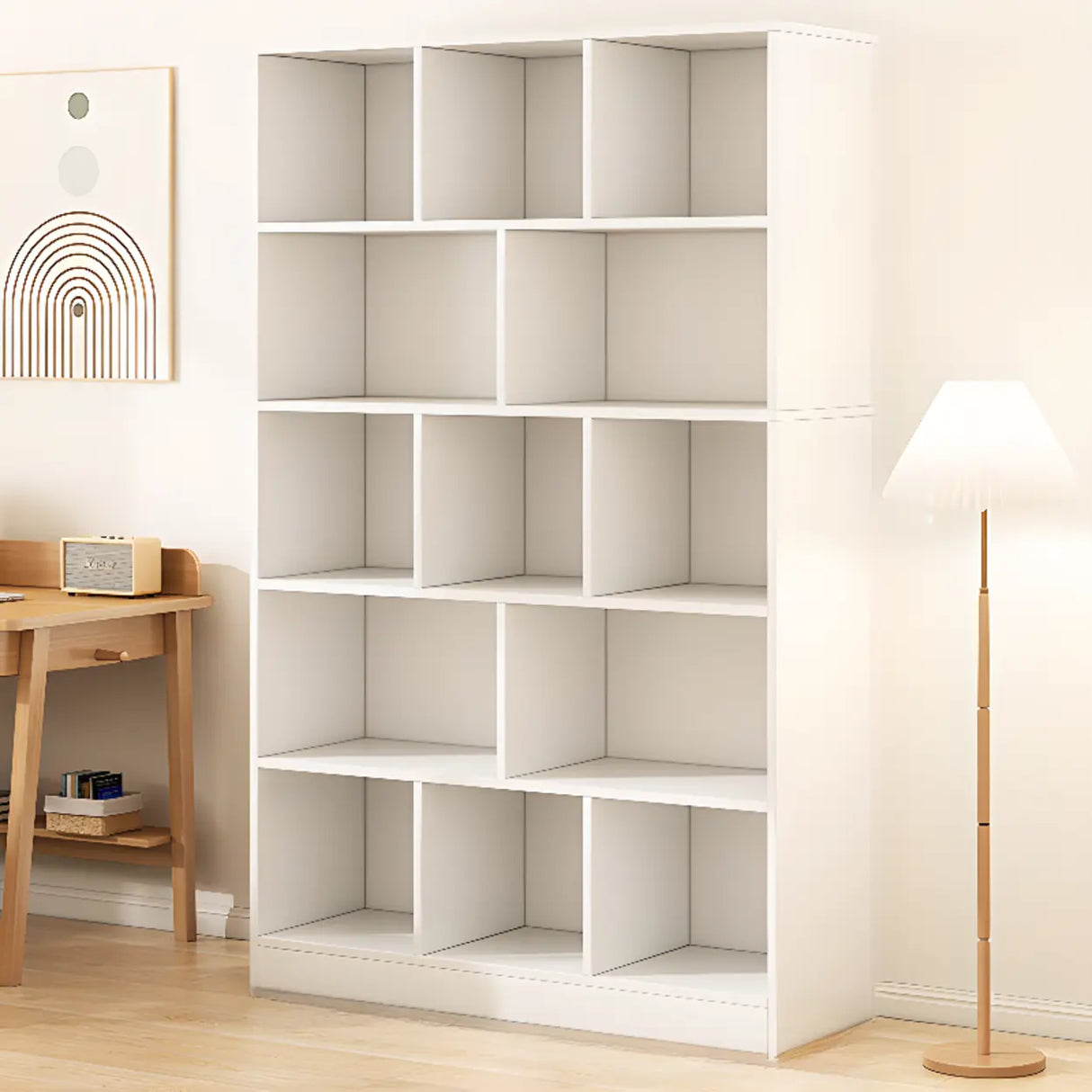 White Modish Vertical Wood Rectangular Storage Bookcase Image - 18