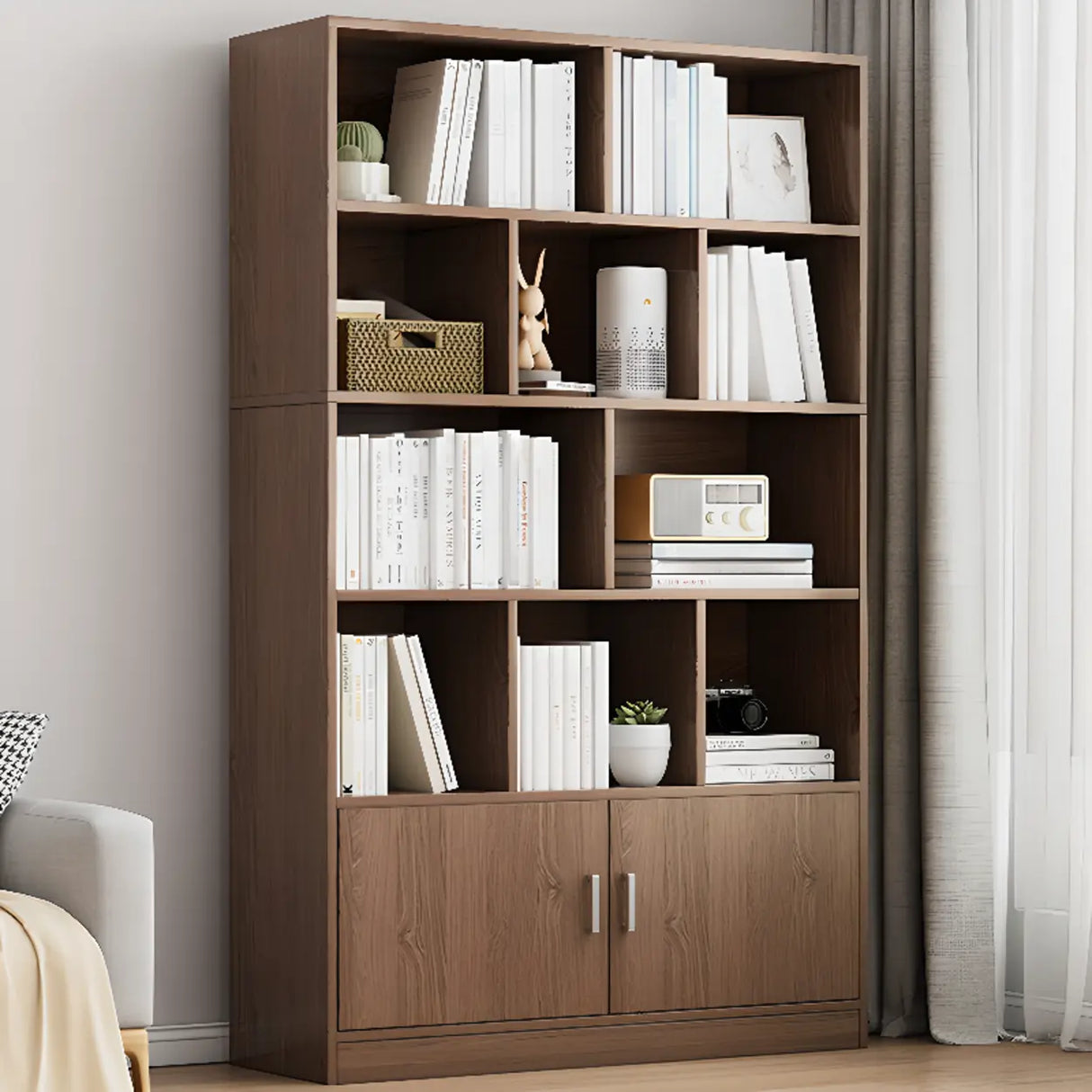 White Modish Vertical Wood Rectangular Storage Bookcase Image - 20