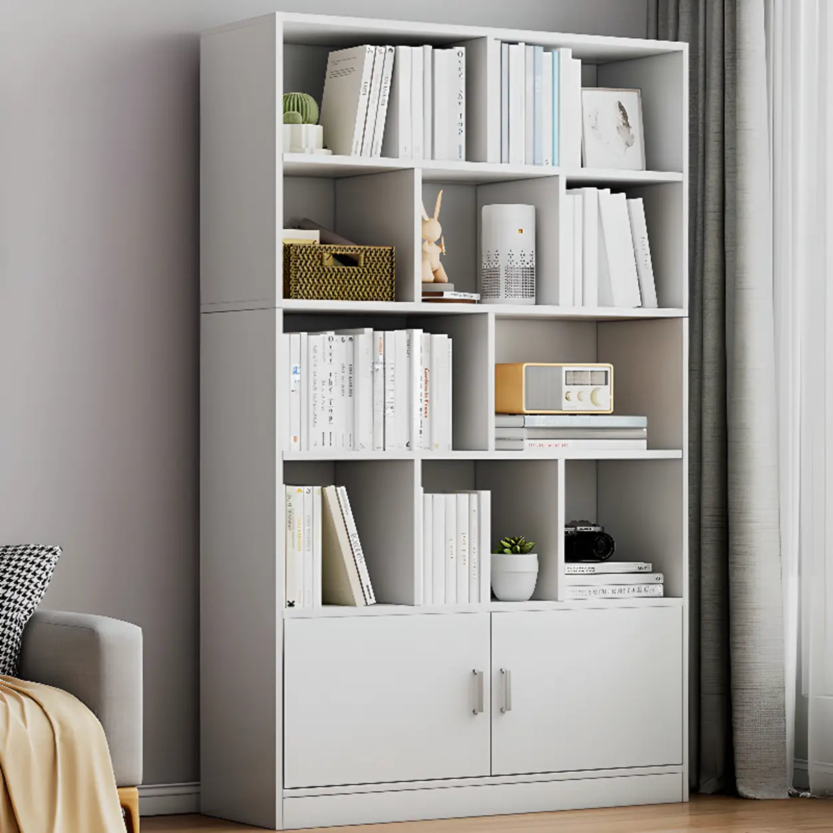 White Modish Vertical Wood Rectangular Storage Bookcase Image - 22