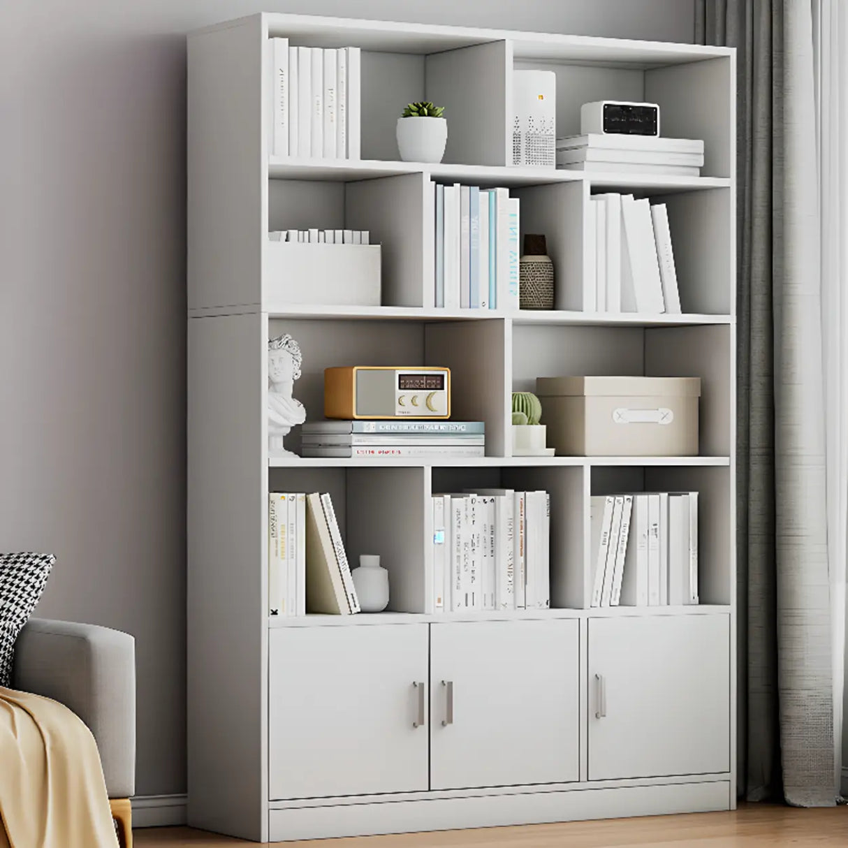 White Modish Vertical Wood Rectangular Storage Bookcase Image - 23