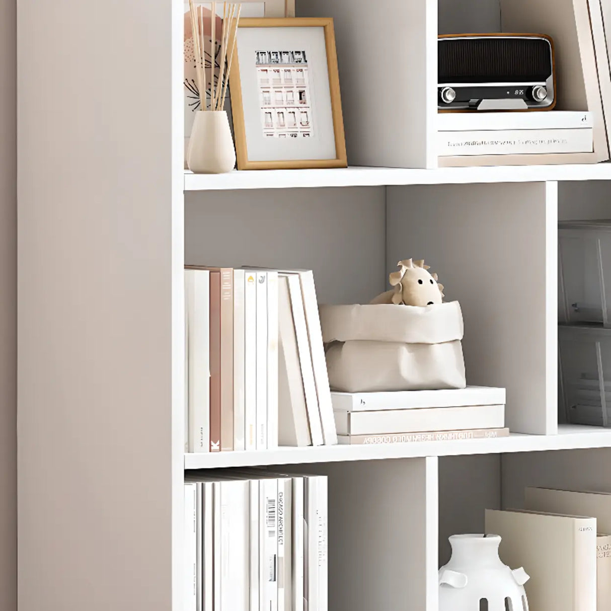 White Modish Vertical Wood Rectangular Storage Bookcase Image - 6