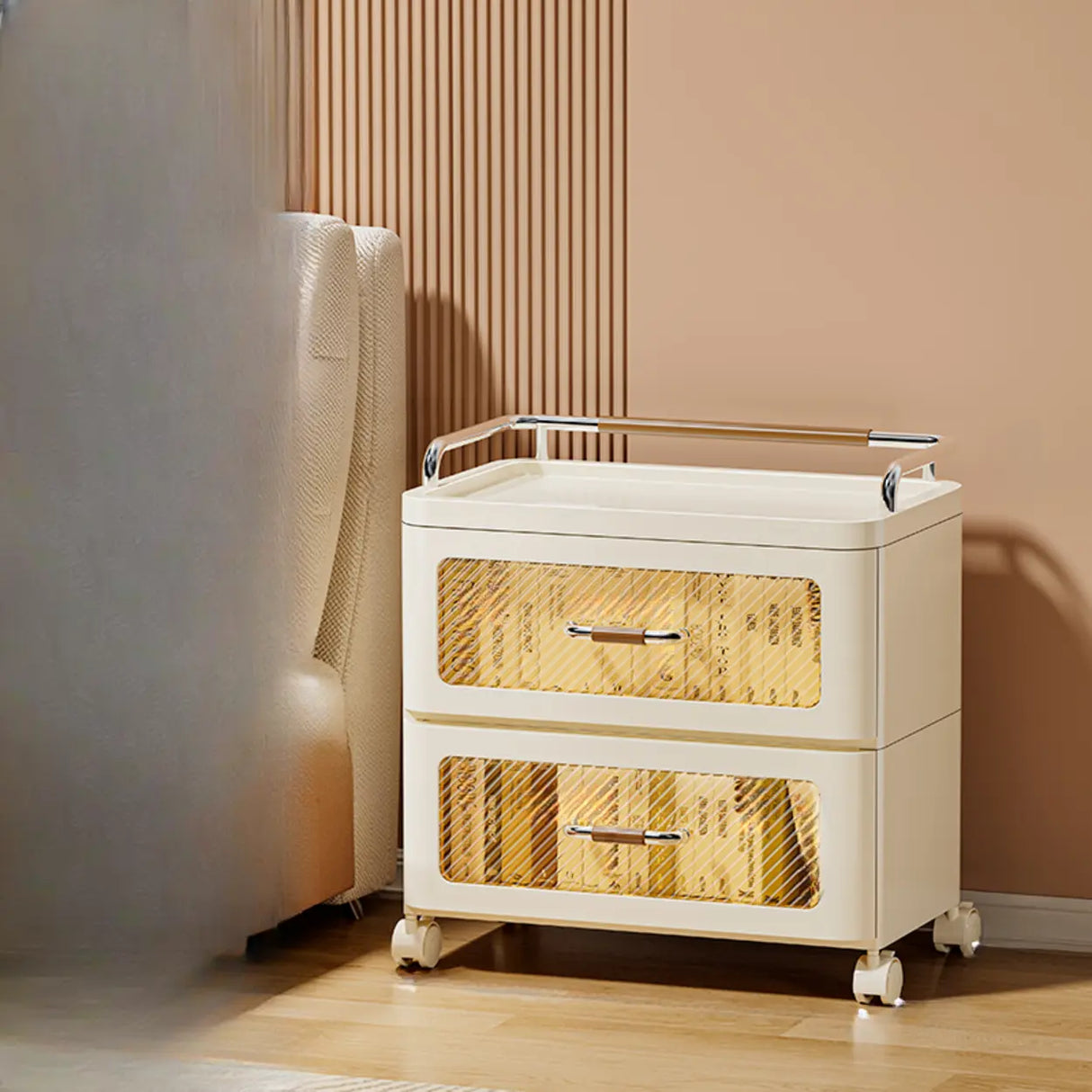 White Movable Kids Nightstand with Drawers and Casters Image - 10