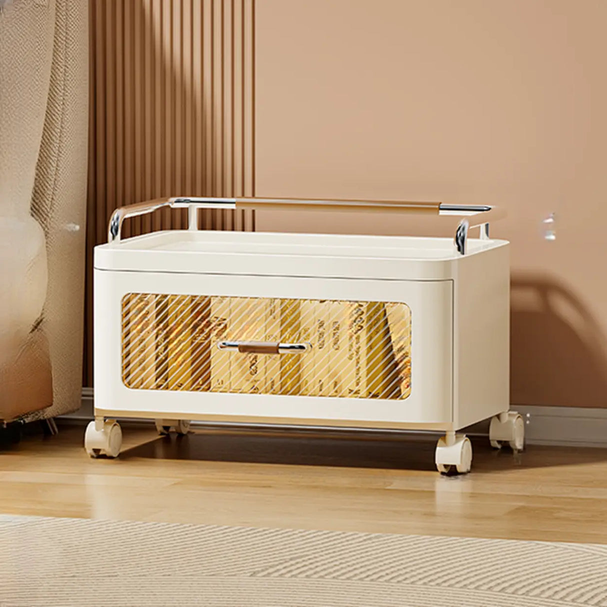 White Movable Kids Nightstand with Drawers and Casters Image - 11