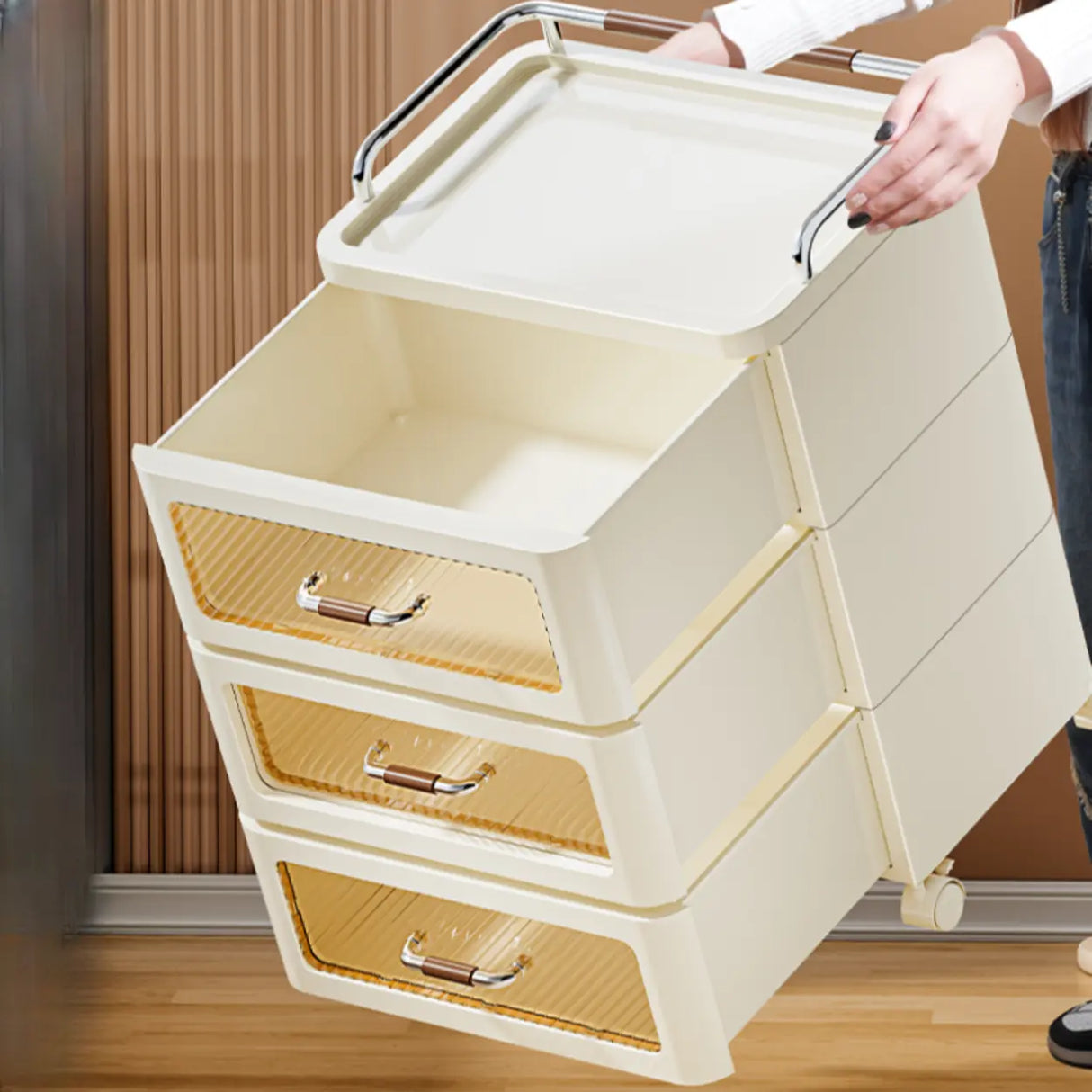 White Movable Kids Nightstand with Drawers and Casters Image - 12
