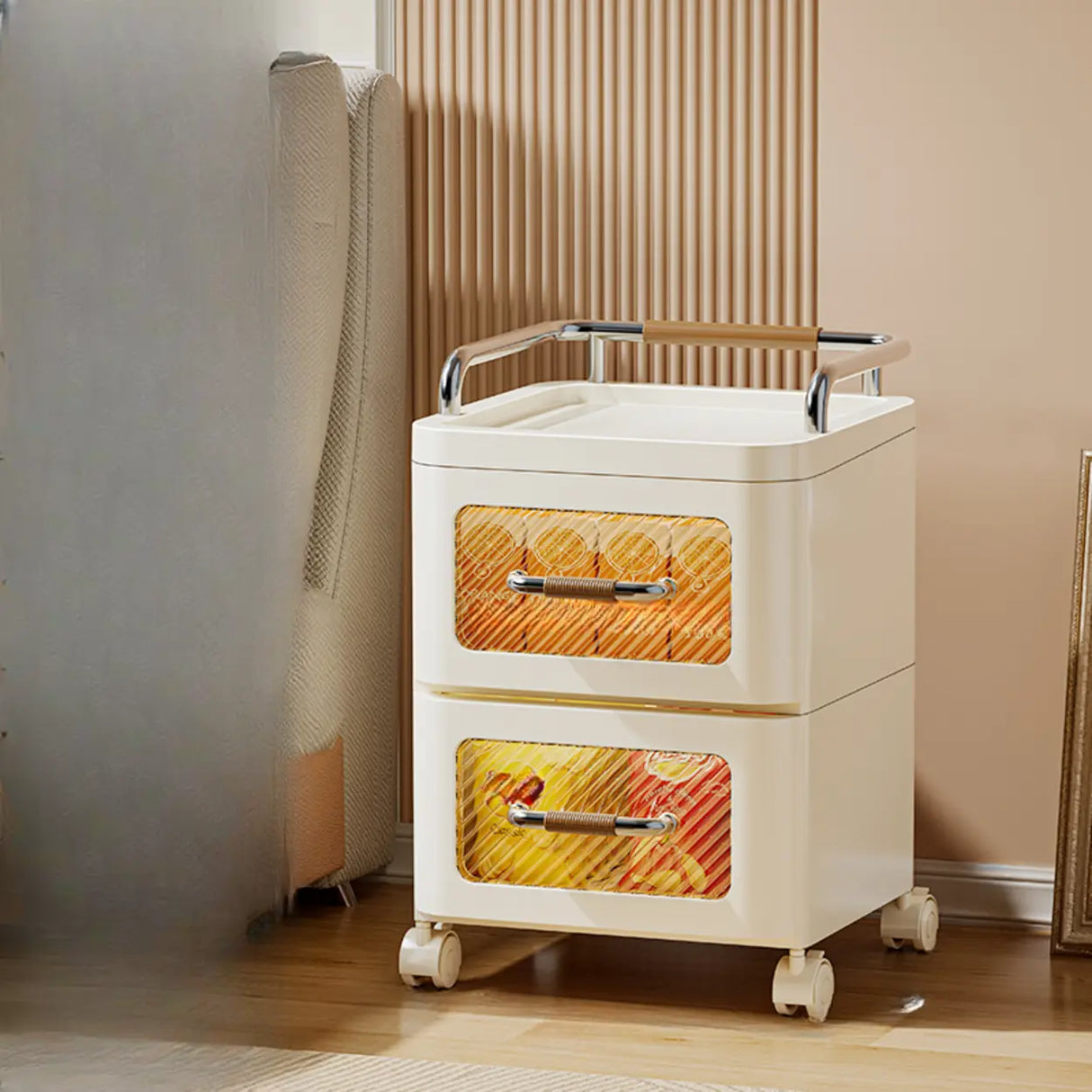 White Movable Kids Nightstand with Drawers and Casters Image - 14