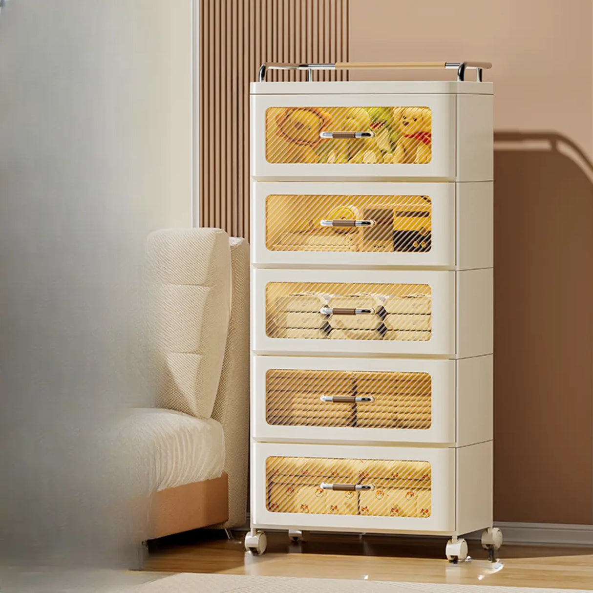 White Movable Kids Nightstand with Drawers and Casters Image - 15