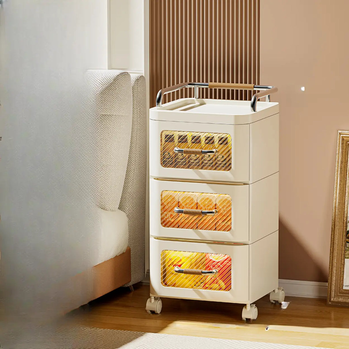 White Movable Kids Nightstand with Drawers and Casters Image - 16