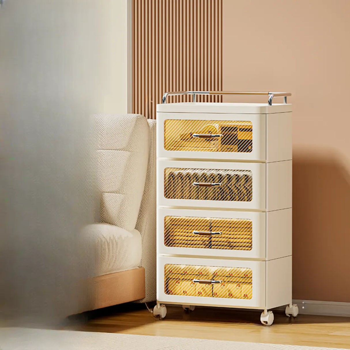 White Movable Kids Nightstand with Drawers and Casters Image - 17