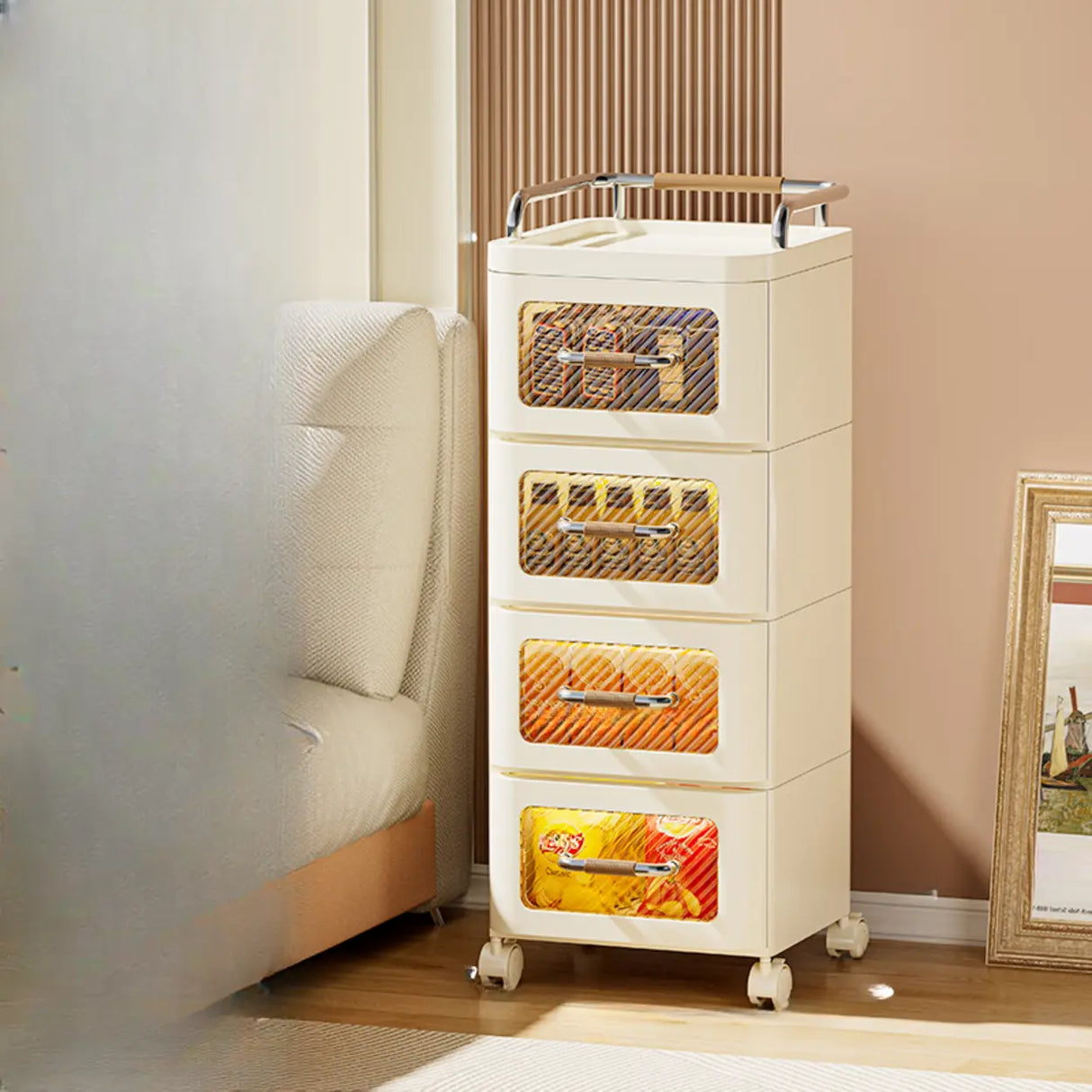 White Movable Kids Nightstand with Drawers and Casters Image - 18