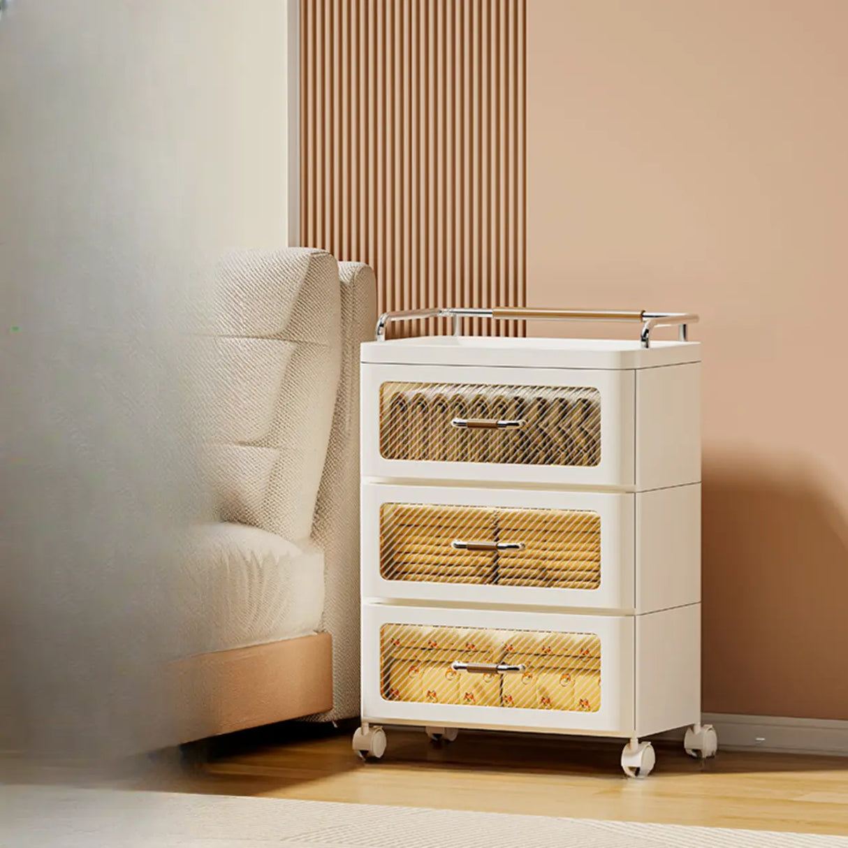 White Movable Kids Nightstand with Drawers and Casters Image - 19