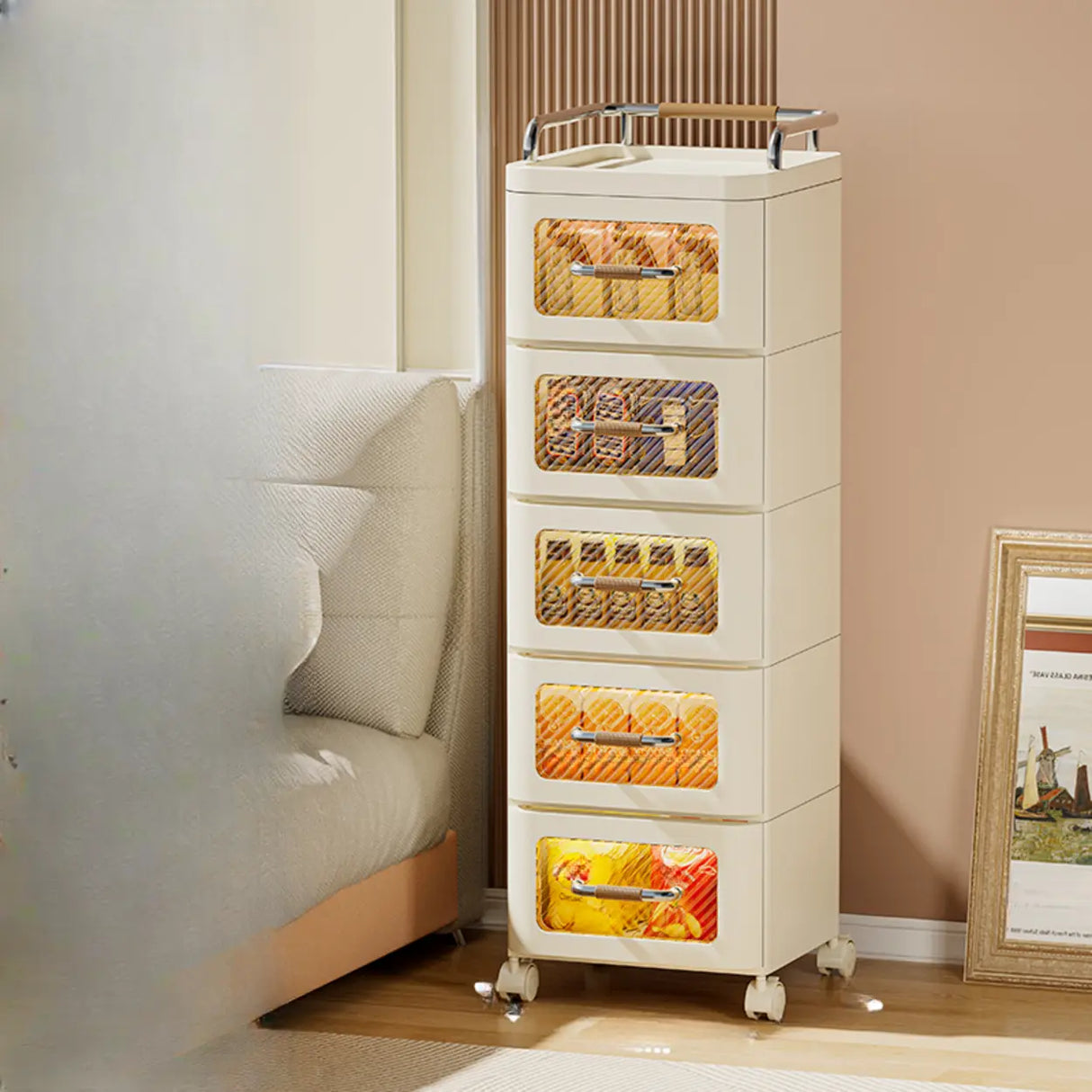 White Movable Kids Nightstand with Drawers and Casters Image - 20