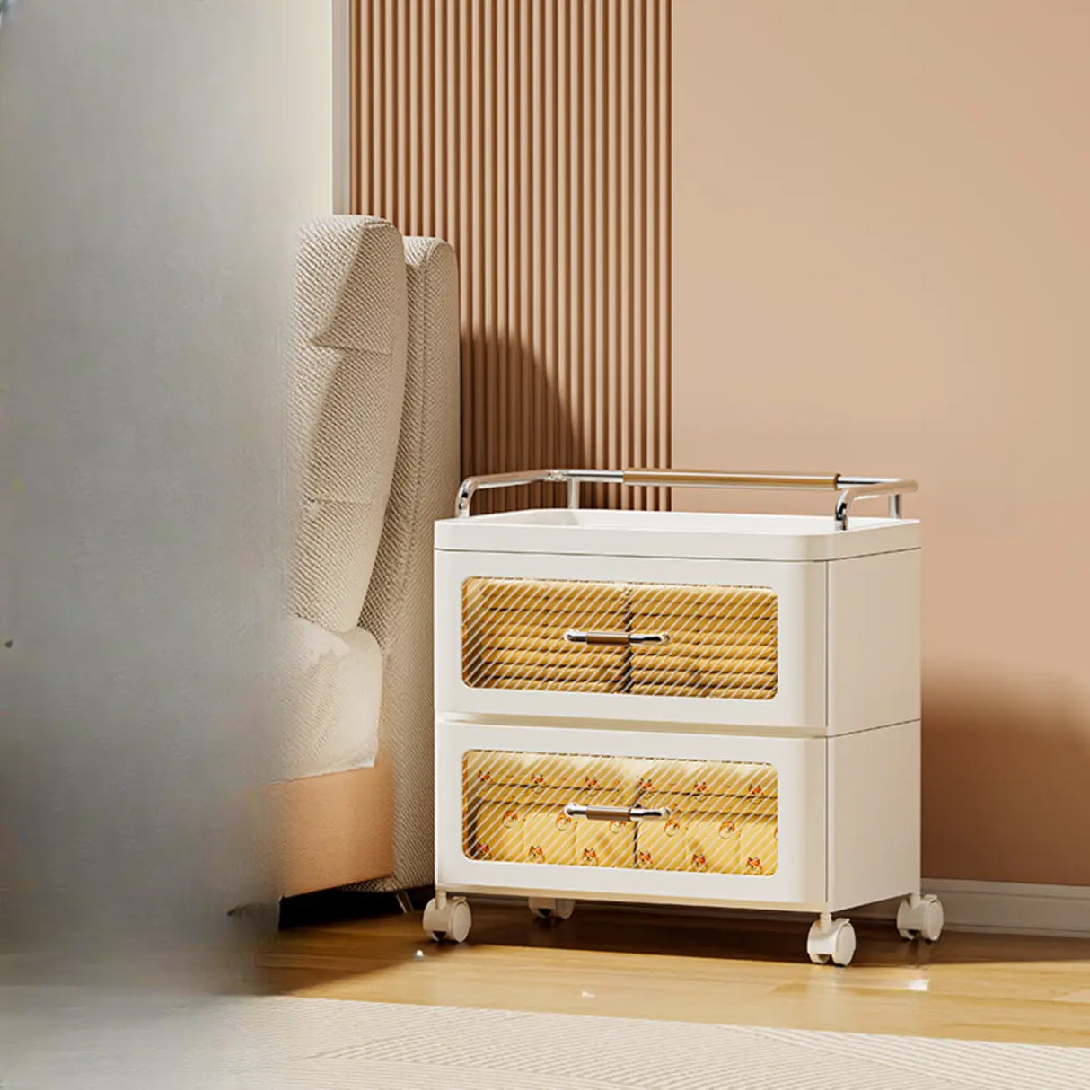 White Movable Kids Nightstand with Drawers and Casters Image - 21