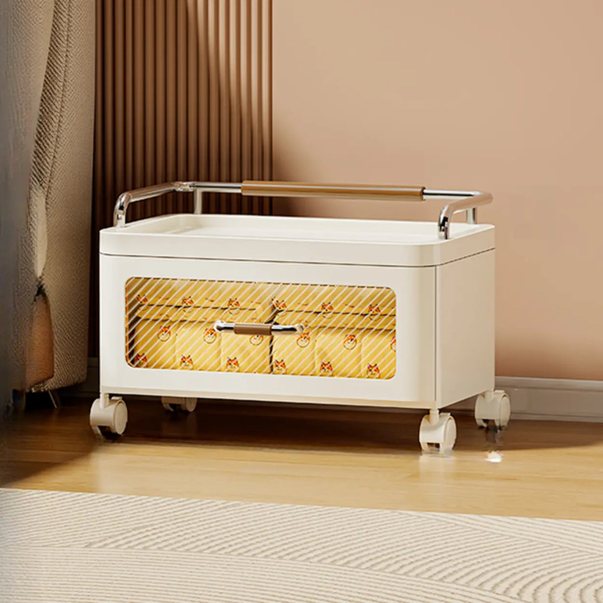 White Movable Kids Nightstand with Drawers and Casters Image - 22