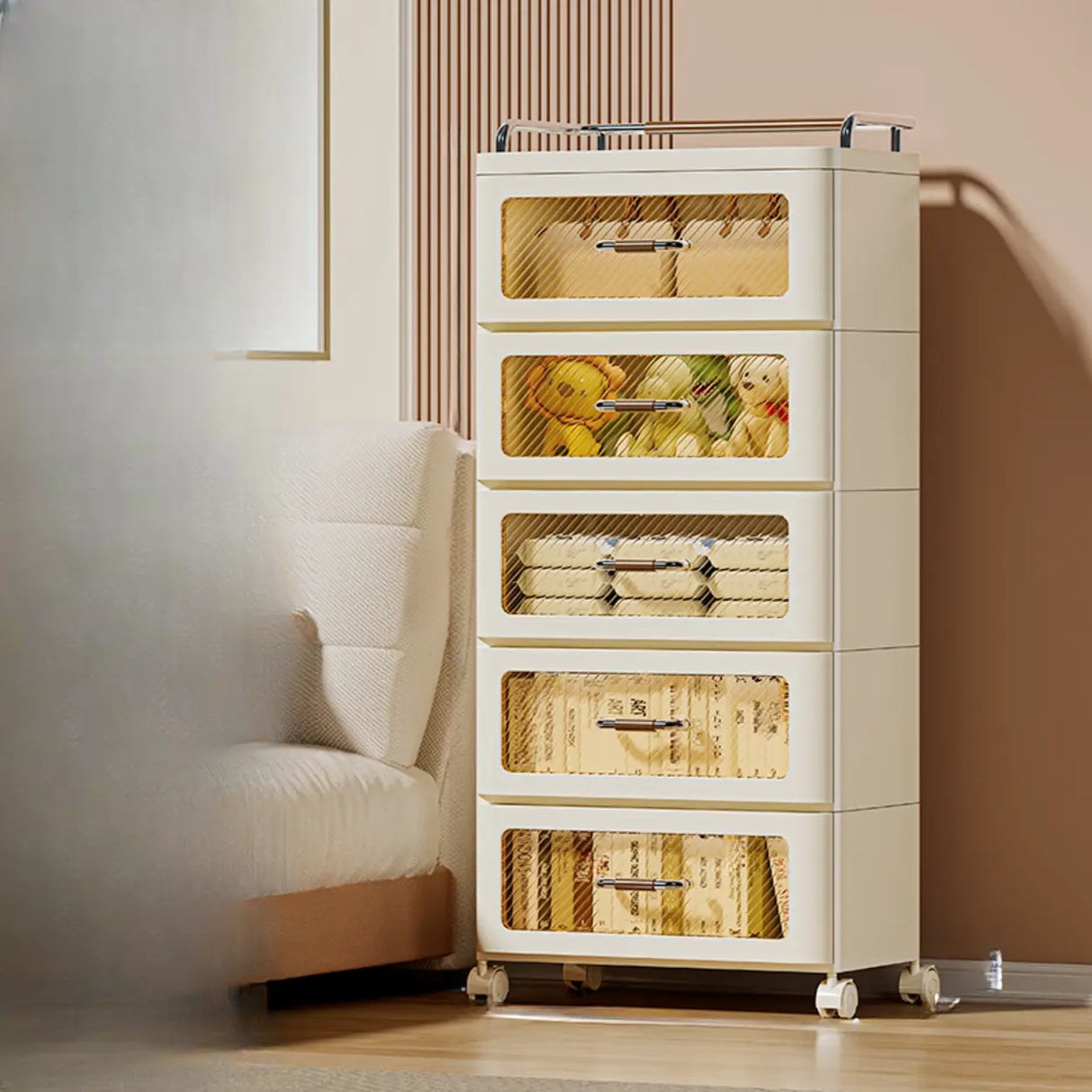 White Movable Kids Nightstand with Drawers and Casters Image - 4