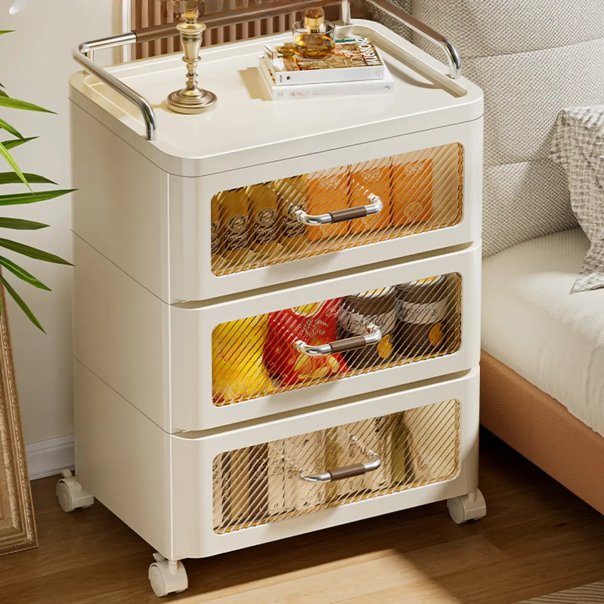 White Movable Kids Nightstand with Drawers and Casters Image - 5