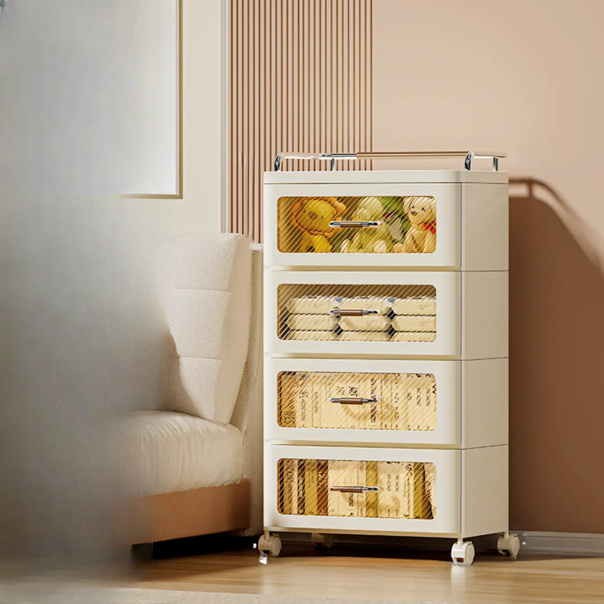 White Movable Kids Nightstand with Drawers and Casters Image - 6