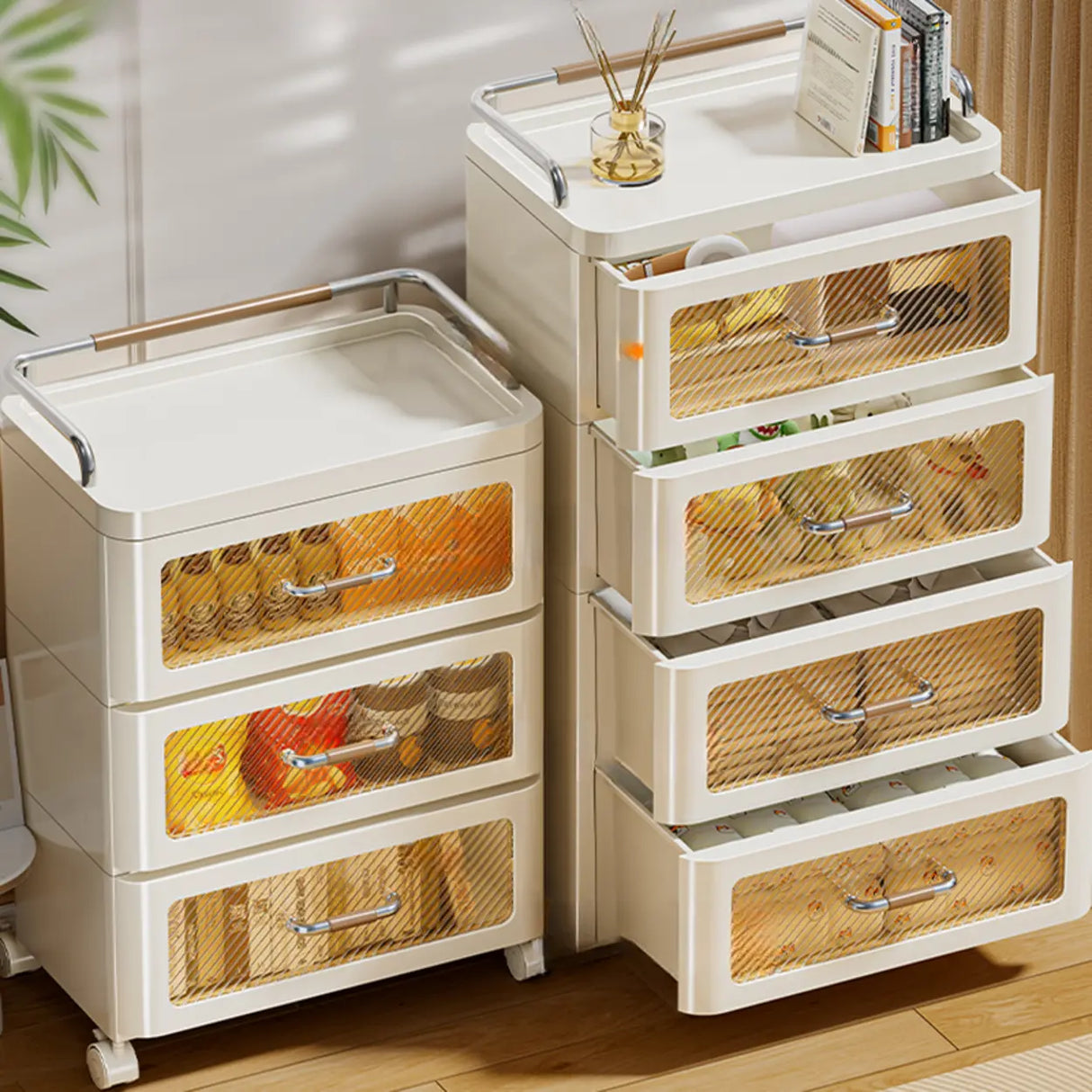 White Movable Kids Nightstand with Drawers and Casters Image - 7
