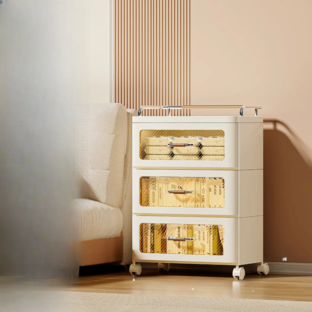 White Movable Kids Nightstand with Drawers and Casters Image - 8