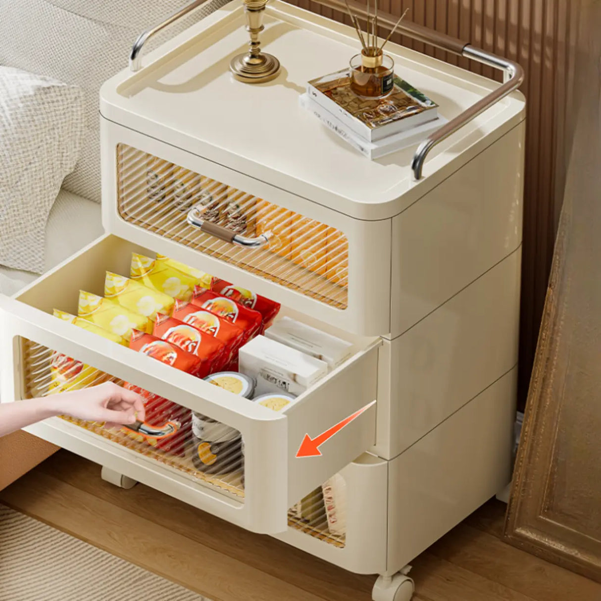 White Movable Kids Nightstand with Drawers and Casters Image - 9