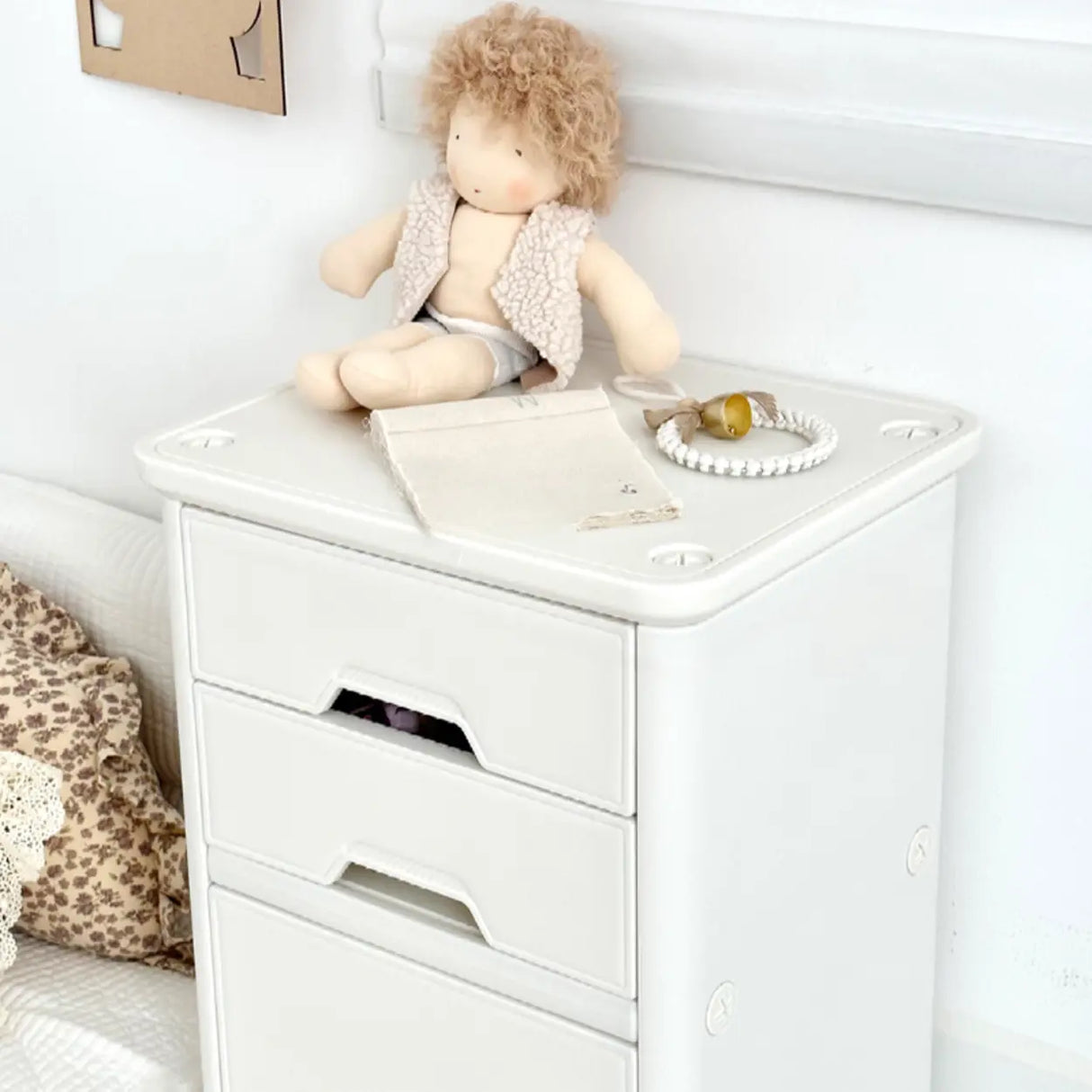 White Narrow Length Kids Nightstand with Drawers Image - 10