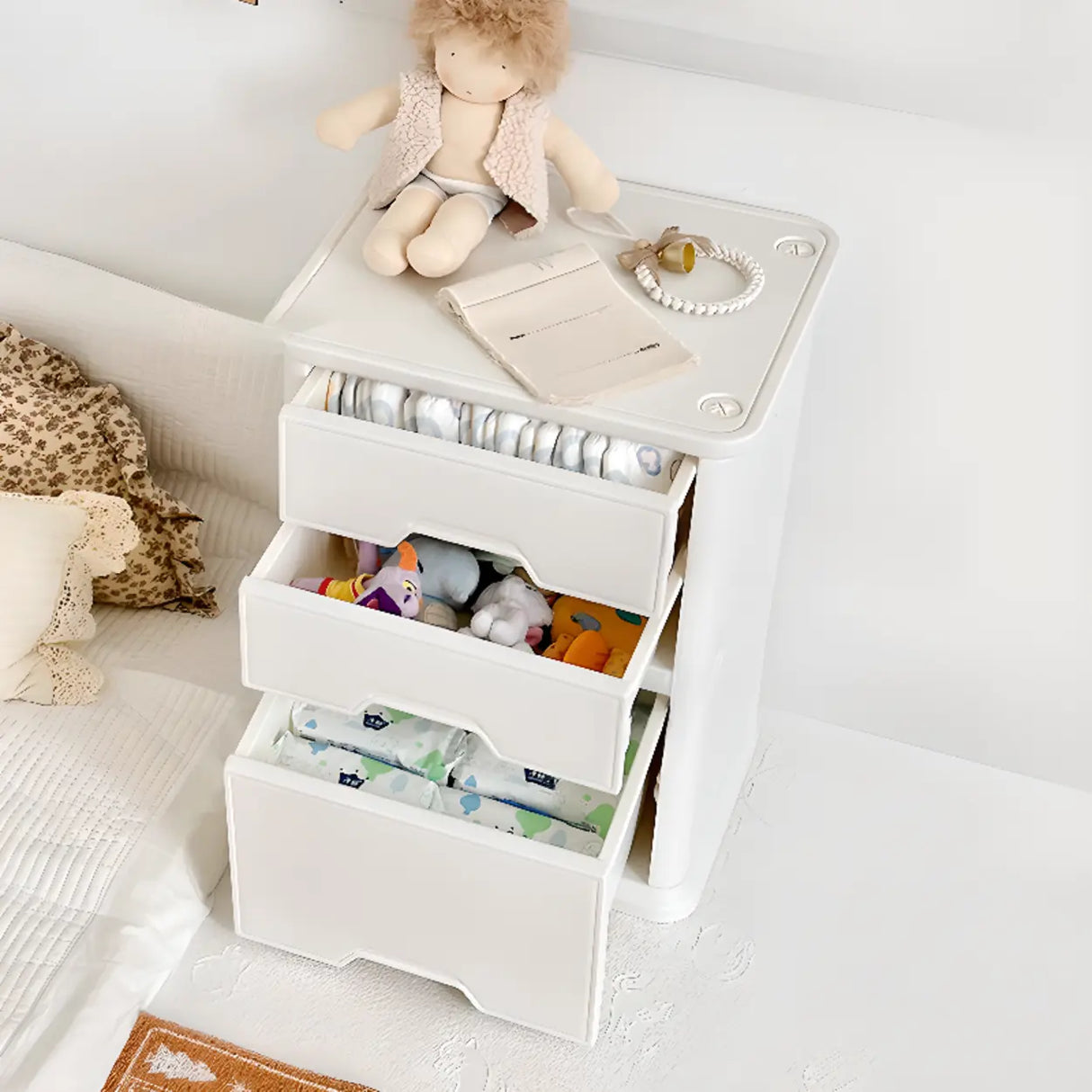 White Narrow Length Kids Nightstand with Drawers Image - 4