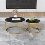 White Nesting Stone Round Gold Iron Frame Coffee Table Image - 3