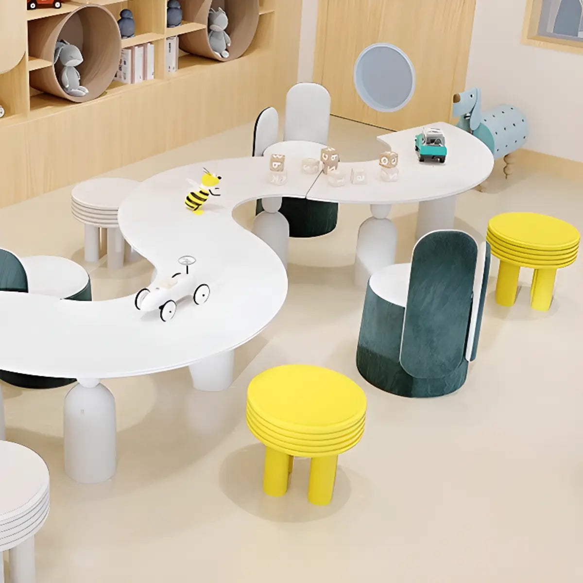 White Novelty Wavy Wood Toddler Play Table Chair Set Image - 4