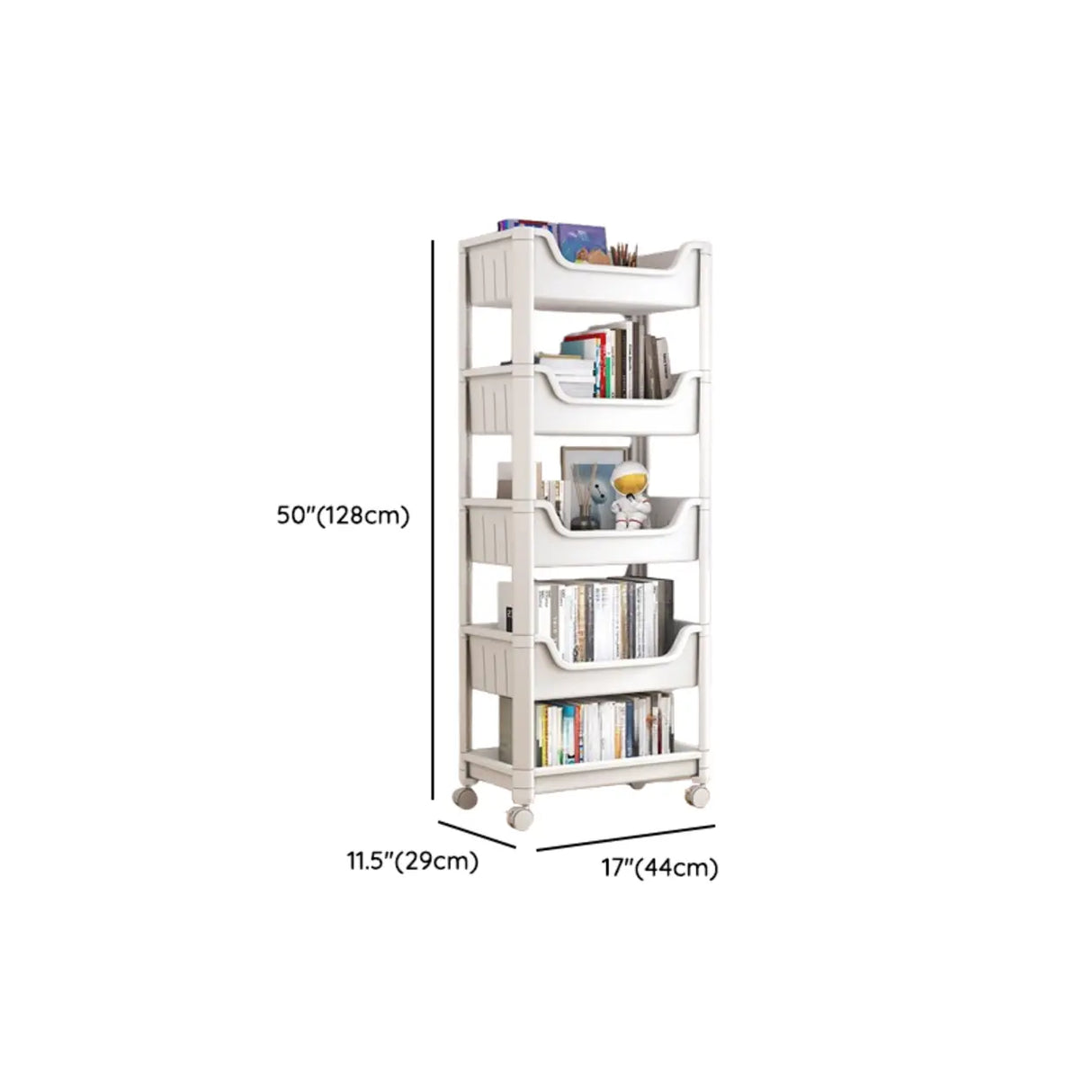 White Open Shelves Polymer Vertical Rolling Bookcase Image - 10