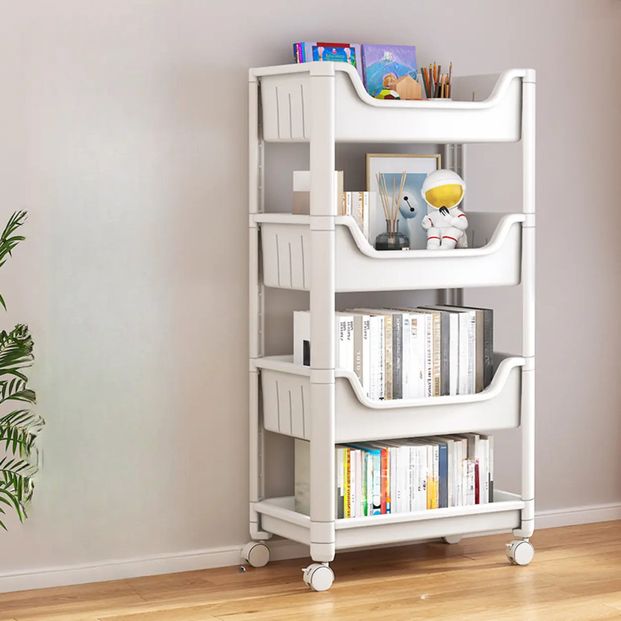 White Open Shelves Polymer Vertical Rolling Bookcase Image - 3