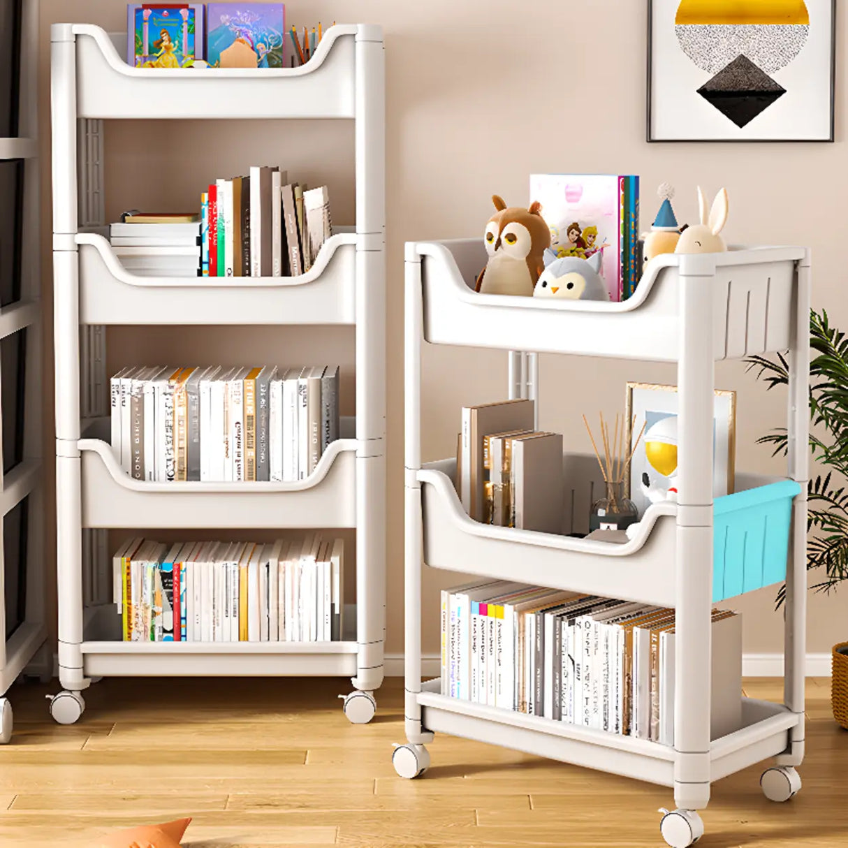 White Open Shelves Polymer Vertical Rolling Bookcase Image - 4