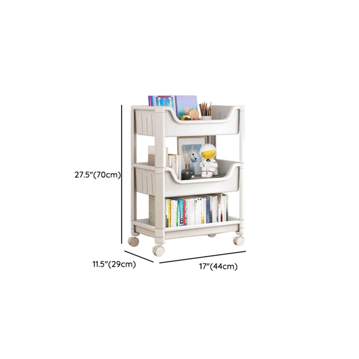 White Open Shelves Polymer Vertical Rolling Bookcase 