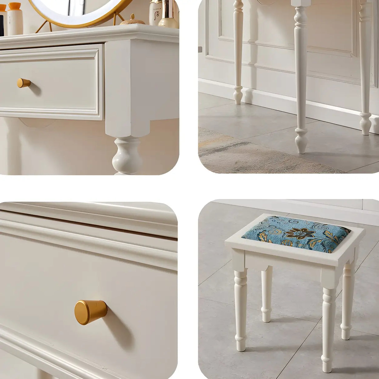White Pine Wood Makeup Vanity with Drawers and Stools Image - 9