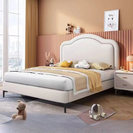 White Queen Curved Upholstered Headboard Panel Bed Image - 1