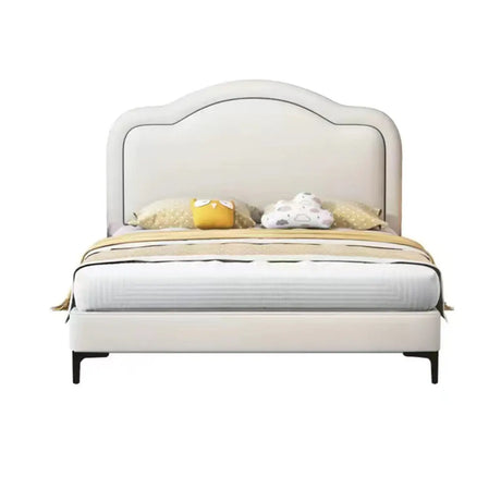 White Queen Curved Upholstered Headboard Panel Bed Image - 2