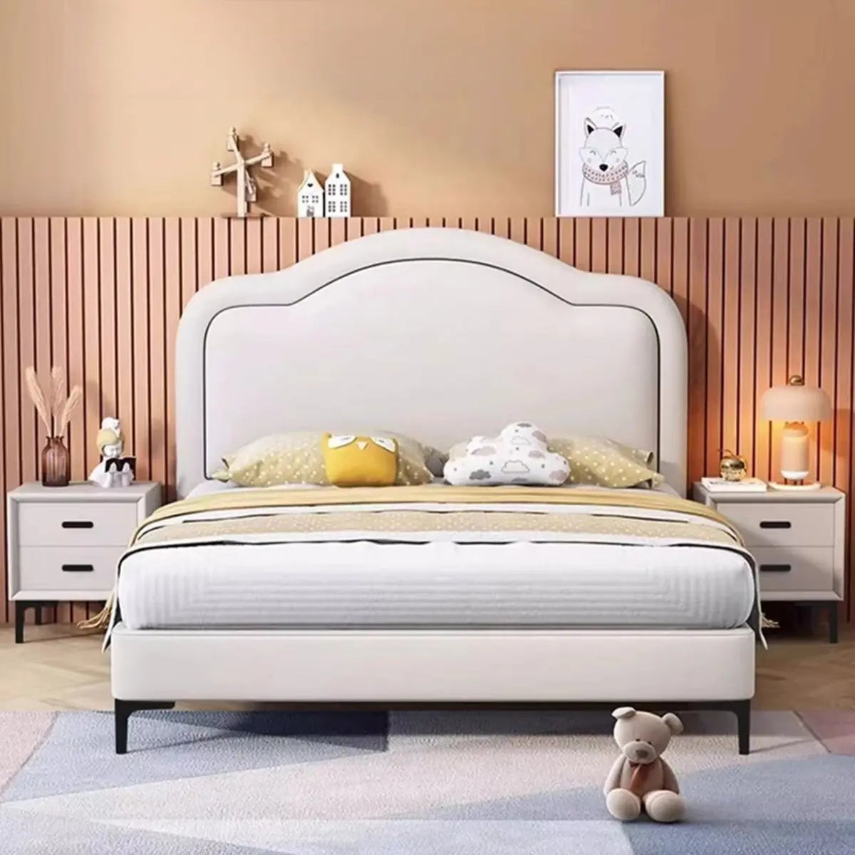 White Queen Curved Upholstered Headboard Panel Bed Image - 3