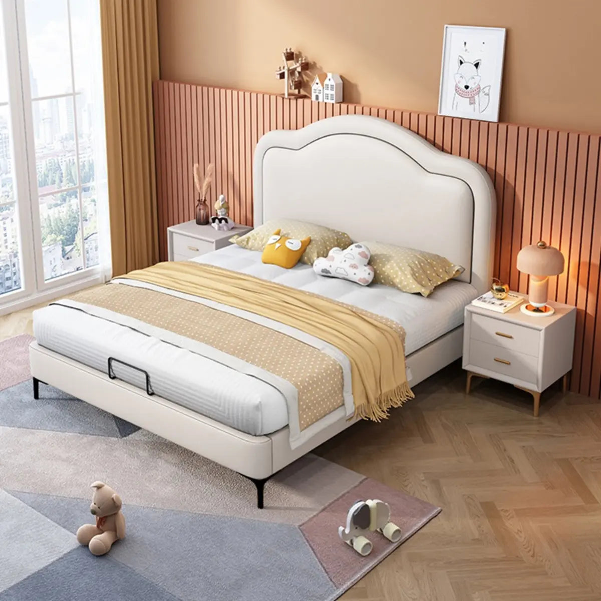 White Queen Curved Upholstered Headboard Panel Bed Image - 4