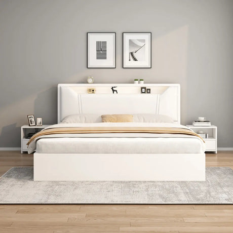 White Queen Engineered Wood Storage Panel Bed with Shelves Image - 1