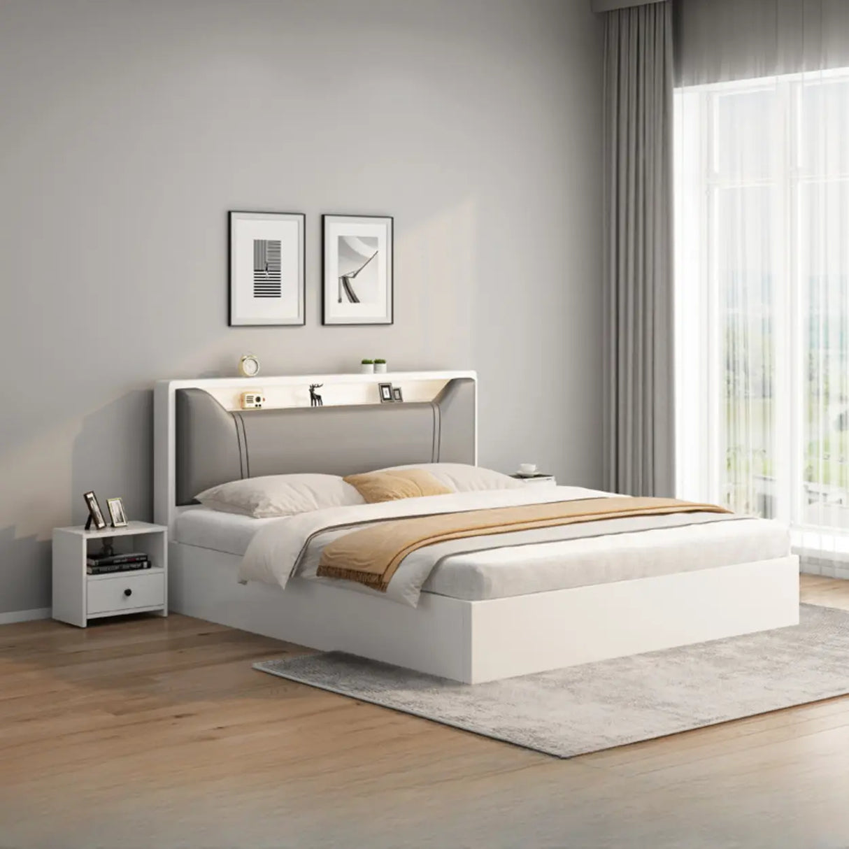 White Queen Engineered Wood Storage Panel Bed with Shelves Image - 2