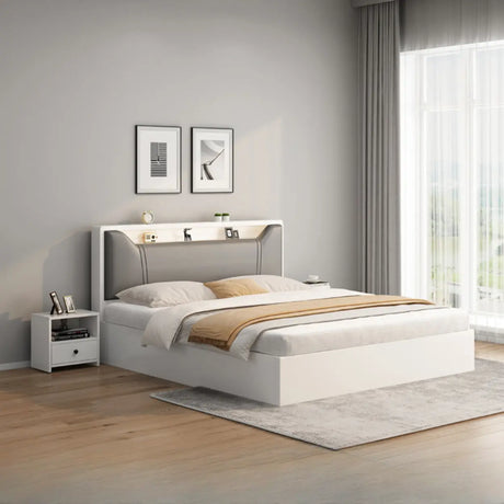 White Queen Engineered Wood Storage Panel Bed with Shelves Image - 2