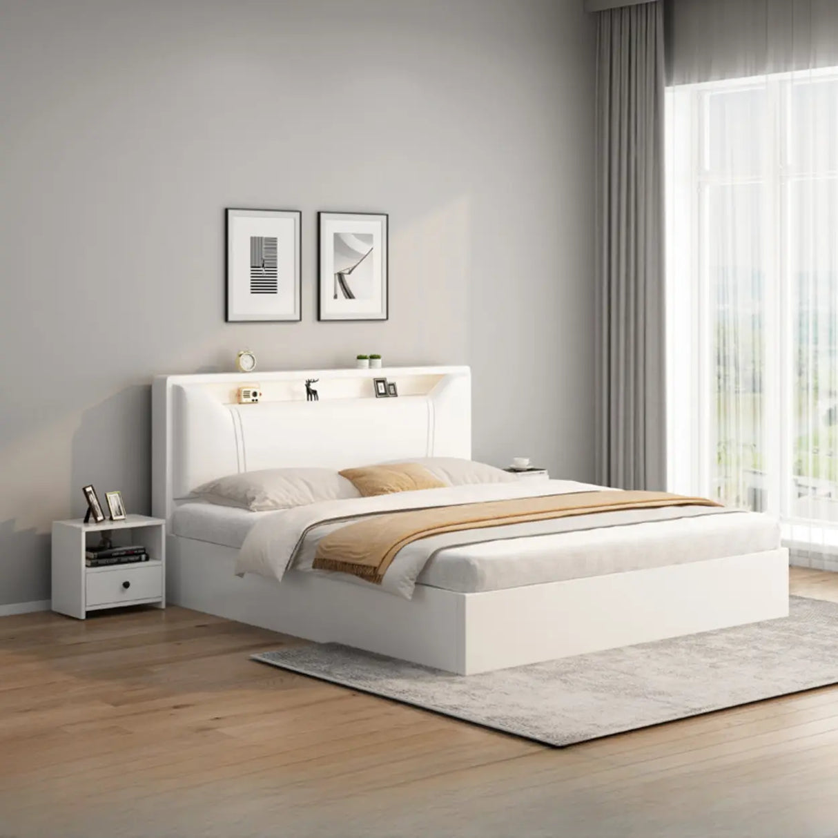 White Queen Engineered Wood Storage Panel Bed with Shelves Image - 3