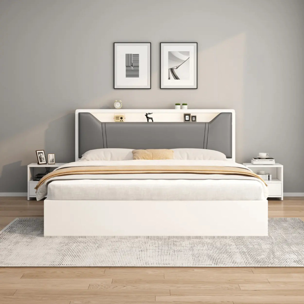White Queen Engineered Wood Storage Panel Bed with Shelves Image - 4