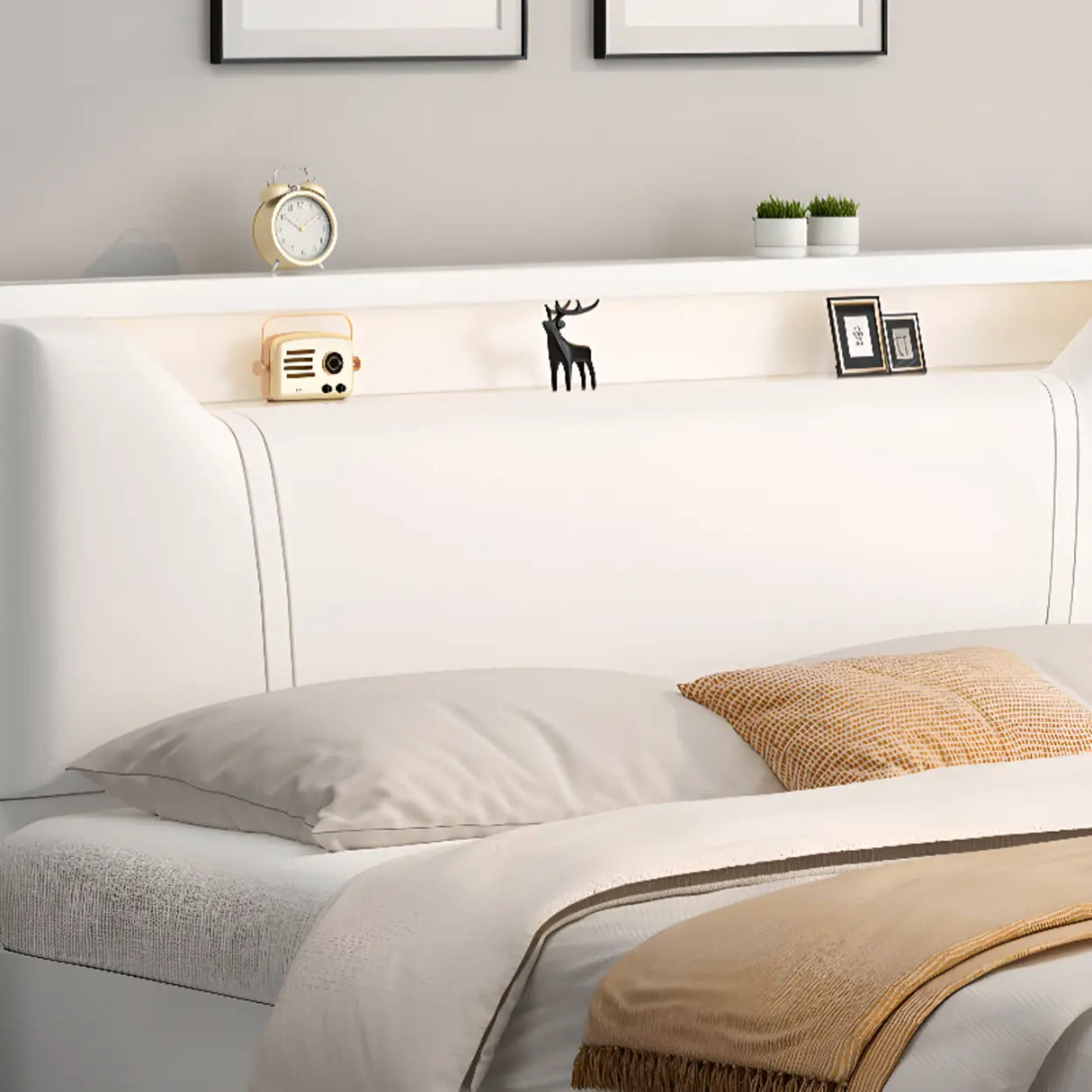 White Queen Engineered Wood Storage Panel Bed with Shelves Image - 6