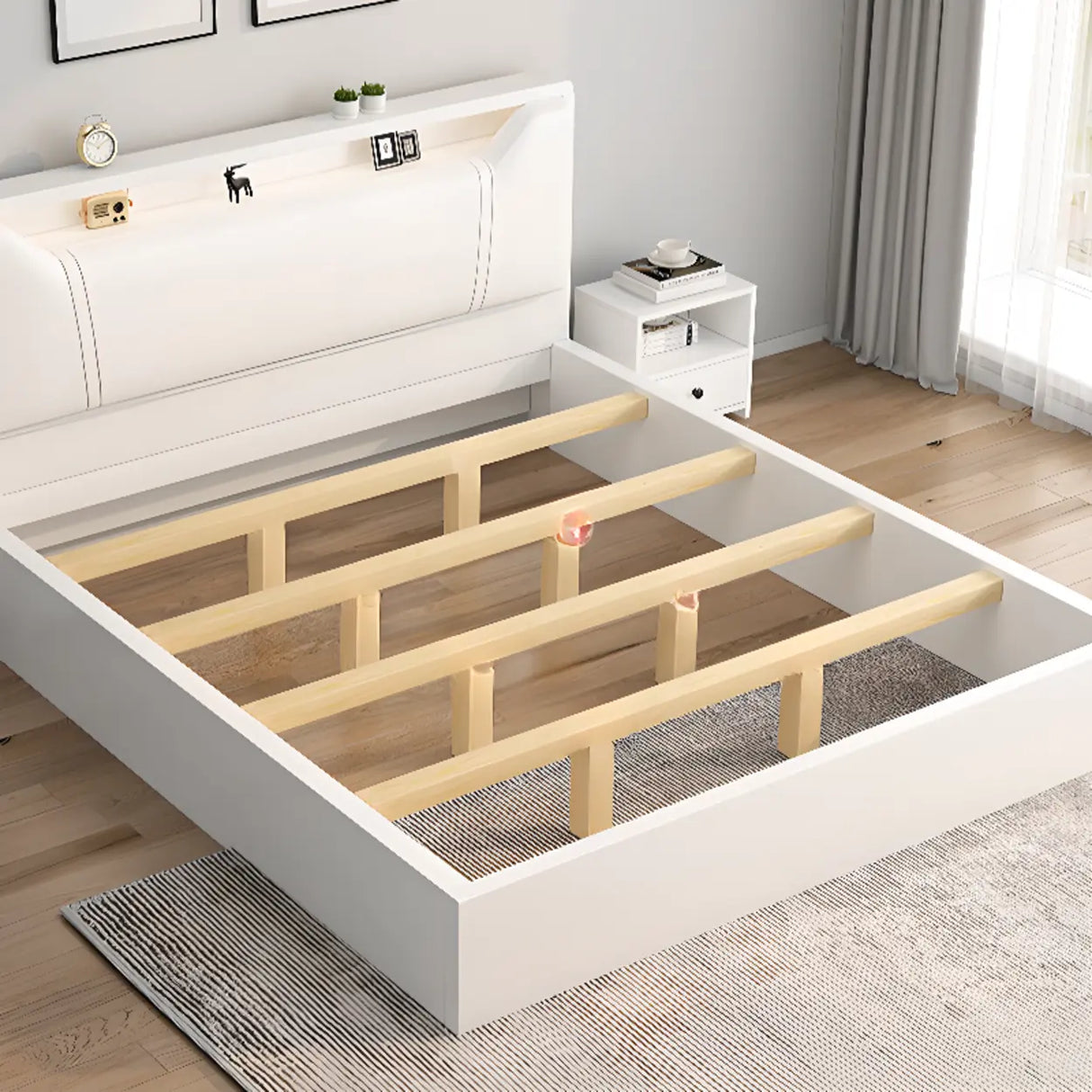 White Queen Engineered Wood Storage Panel Bed with Shelves Image - 8