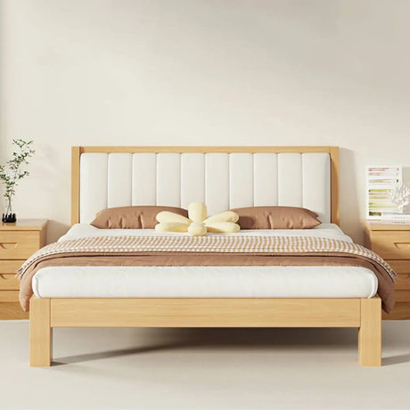 White Queen Headboard Light Wood Upholstered Panel Bed Image - 1