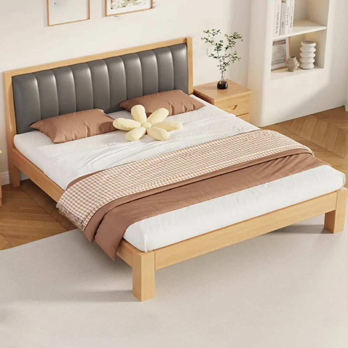 White Queen Headboard Light Wood Upholstered Panel Bed Image - 4