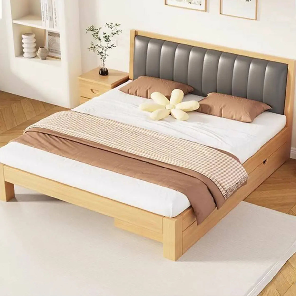 White Queen Headboard Light Wood Upholstered Panel Bed Image - 8