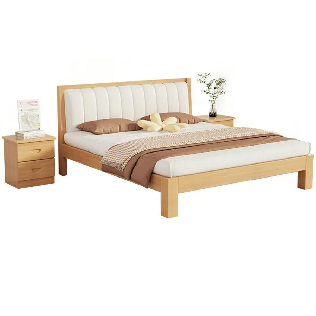 White Queen Headboard Light Wood Upholstered Panel Bed Image - 9