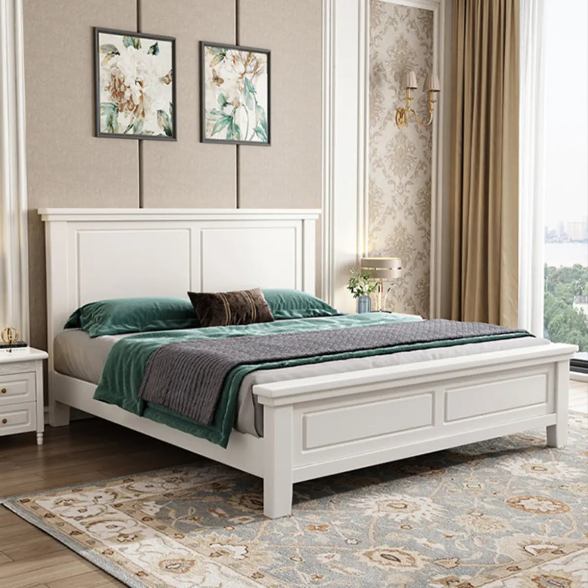 White Queen Headboard Solid Wood Storage Bed with Drawers Image - 14